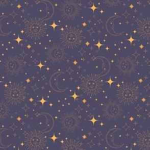 Celestial Stars Navy and Yellow Cosmic Sun Moon Stars Wallpaper 6in