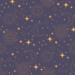 Celestial Stars Navy and Yellow Cosmic Sun Moon Stars Wallpaper 8in