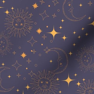 Celestial Stars Navy and Yellow Cosmic Sun Moon Stars Wallpaper 12in