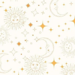 Cosmic Celestial Wallpaper Yellow and Cream sun moon stars design zodiac witchy 12in
