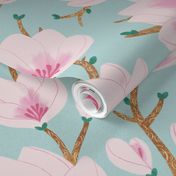 LARGE Delicate Hand-Drawn Textured Spring Magnolia Flowers on a light Blue background 