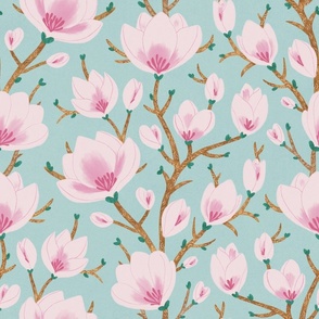 LARGE Delicate Hand-Drawn Textured Spring Magnolia Flowers on a light Blue background 