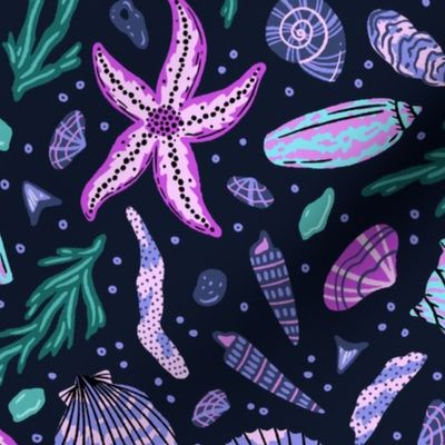 Low Tide Treasures - Seashells, Starfish, Sea Glass, Seaweed - Magenta, Aqua Blue, Black, Purple, Pink - Large Scale - Colorful Trip to the Beach Pattern