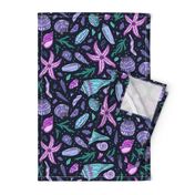 Low Tide Treasures - Seashells, Starfish, Sea Glass, Seaweed - Magenta, Aqua Blue, Black, Purple, Pink - Large Scale - Colorful Trip to the Beach Pattern