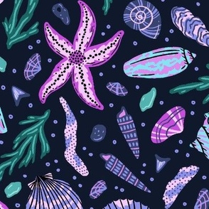 Low Tide Treasures - Seashells, Starfish, Sea Glass, Seaweed - Magenta, Aqua Blue, Black, Purple, Pink - Large Scale - Colorful Trip to the Beach Pattern