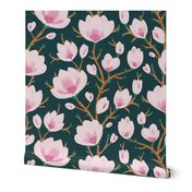 LARGE Delicate Hand-Drawn Textured Spring Magnolia Flowers on a Darh Green background 