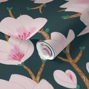 LARGE Delicate Hand-Drawn Textured Spring Magnolia Flowers on a Darh Green background 