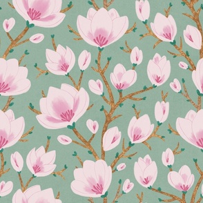 LARGE Delicate Hand-Drawn Textured Spring Magnolia Flowers on a light Pastel Celadon Green background 