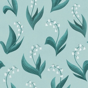 LARGE Elegant Modern Hand-Drawn Textured Lily of the Valley on a Light Pastel Blue Background