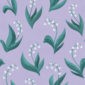 LARGE Elegant Modern Hand-Drawn Textured Lily of the Valley on a Lilac Light Violet Background 