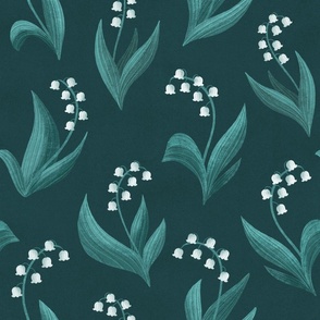 LARGE Elegant Modern Hand-Drawn Textured Lily of the Valley on a Dark Green Background 