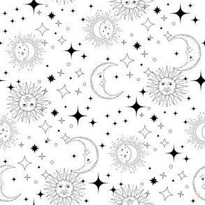 Celestial Stars Black and White wallpaper - sun moon stars zodiac celestial print 8in