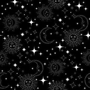 Celestial Stars Black and White wallpaper - sun moon stars zodiac celestial print black 8in