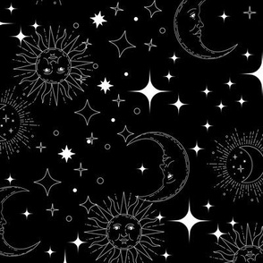 Celestial Stars Black and White wallpaper - sun moon stars zodiac celestial print black 12in