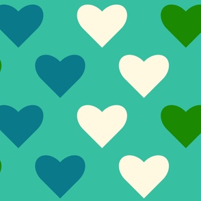 Bold-retro-beige-blue-green-geometric-hearts-half-drop-on-plain-turquoise-background-XL-jumbo