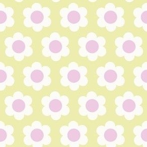 Extra small 60s Flower Power Daisy - light lavender pink and white on Pale pastel yellow - retro floral - retro flowers - simple retro flower wallpaper - happy retro nursery - spring floral