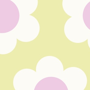 Jumbo 60s Flower Power Daisy - light lavender pink and white on Pale pastel yellow - retro floral - retro flowers - simple retro flower wallpaper - happy retro nursery - spring floral