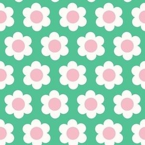 Extra small 60s Flower Power Daisy - light pink and white on Ocean green - retro floral - retro flowers - simple retro flower wallpaper - baby girl - girl nursery - happy nursery - retro kids - pink and green