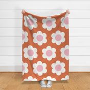 Jumbo 60s Flower Power Daisy - light pink and white on Burnt sienna - retro floral - retro flowers - simple retro flower wallpaper - baby girl - girl nursery - neutral nursery - retro kids - rust red