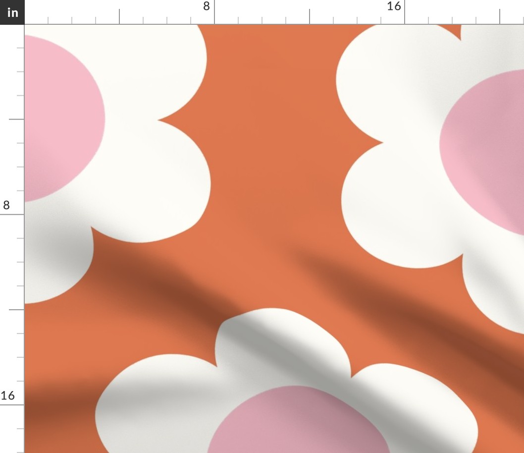 Jumbo 60s Flower Power Daisy - light pink and white on Burnt sienna - retro floral - retro flowers - simple retro flower wallpaper - baby girl - girl nursery - neutral nursery - retro kids - rust red