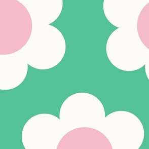 Jumbo 60s Flower Power Daisy - light pink and white on Ocean green - retro floral - retro flowers - simple retro flower wallpaper - baby girl - girl nursery - happy nursery - retro kids - pink and green