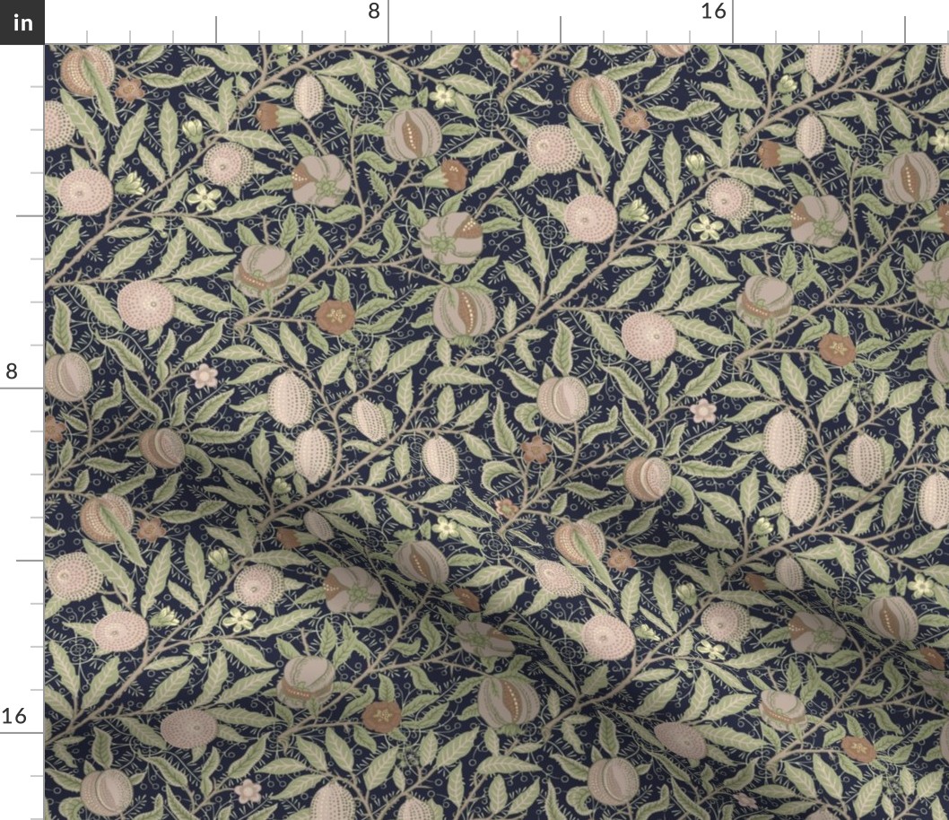 Fruit / Pomegranate - SMALL 10" historic antiqued damask by William Morris - Dark Blue And Sage Green Adaption