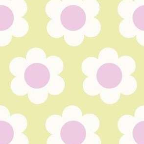 Small 60s Flower Power Daisy - light lavender pink and white on Pale pastel yellow - retro floral - retro flowers - simple retro flower wallpaper - happy retro nursery - spring floral