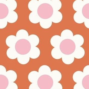 Small Medium 60s Flower Power Daisy - light pink and white on Burnt sienna - retro floral - retro flowers - simple retro flower wallpaper - baby girl - girl nursery - neutral nursery - retro kids - rust red