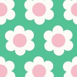 Small 60s Flower Power Daisy - light pink and white on Ocean green - retro floral - retro flowers - simple retro flower wallpaper - baby girl - girl nursery - happy nursery - retro kids - pink and green