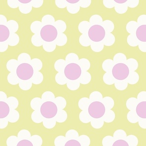 Medium 60s Flower Power Daisy - light lavender pink and white on Pale pastel yellow - retro floral - retro flowers - simple retro flower wallpaper - happy retro nursery - spring floral