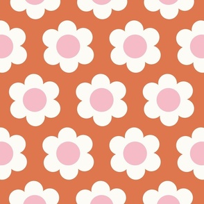 Medium 60s Flower Power Daisy - light pink and white on Burnt sienna - retro floral - retro flowers - simple retro flower wallpaper - baby girl - girl nursery - neutral nursery - retro kids - rust red