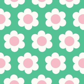 Medium 60s Flower Power Daisy - light pink and white on Ocean green - retro floral - retro flowers - simple retro flower wallpaper - baby girl - girl nursery - happy nursery - retro kids - pink and green