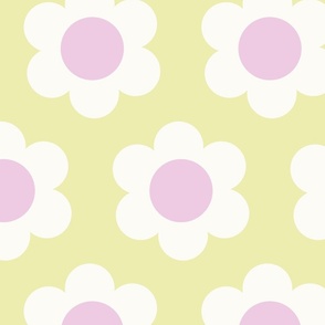 Large 60s Flower Power Daisy - light lavender pink and white on Pale pastel yellow - retro floral - retro flowers - simple retro flower wallpaper - happy retro nursery - spring floral
