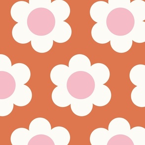 Large 60s Flower Power Daisy - light pink and white on Burnt sienna - retro floral - retro flowers - simple retro flower wallpaper - baby girl - girl nursery - neutral nursery - retro kids - rust red