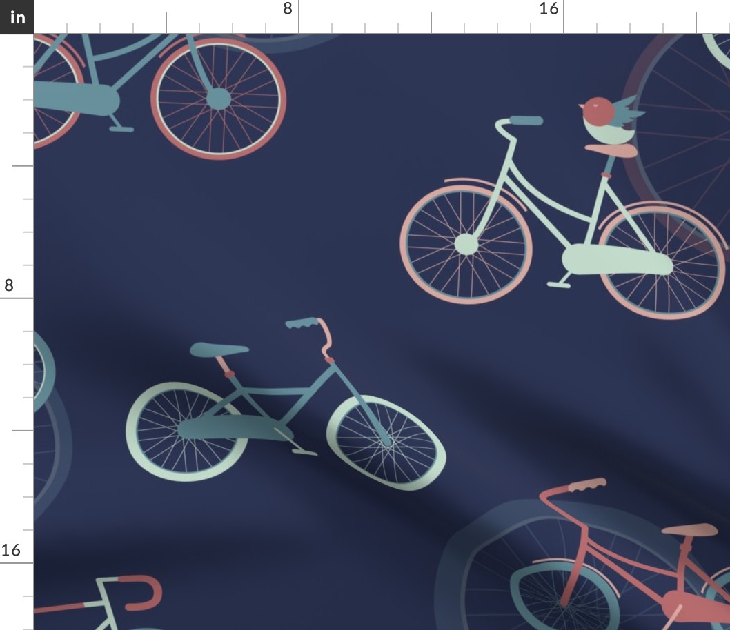 Pink, mint green and teal bicycles and birds - Large scale