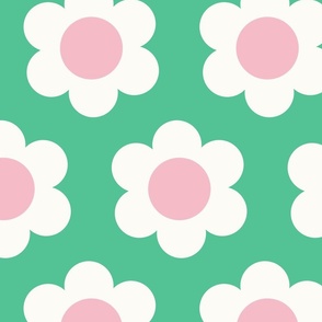 Large 60s Flower Power Daisy - light pink and white on Ocean green - retro floral - retro flowers - simple retro flower wallpaper - baby girl - girl nursery - happy nursery - retro kids - pink and green