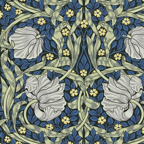 Pimpernel - LARGE 21"  - historic reconstructed damask wallpaper by William Morris - blue gray and sage antiqued restored reconstruction  art nouveau art deco