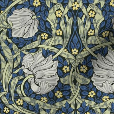 Pimpernel - SMALL 10"  - historic reconstructed damask wallpaper by William Morris - blue gray and sage antiqued restored reconstruction  art nouveau art deco