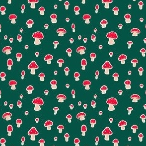 (XS) Red toadstools on pine green, forest floor enchanted woodland