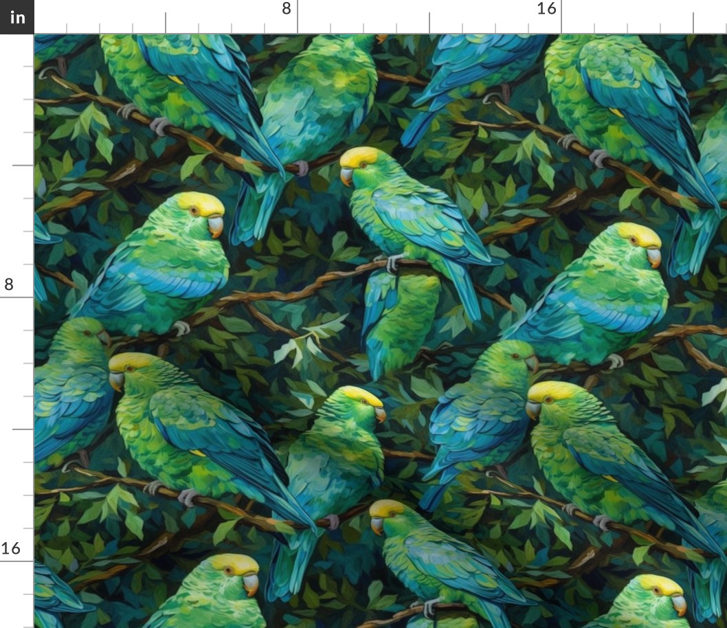 van gogh inspired parakeets of blue and green