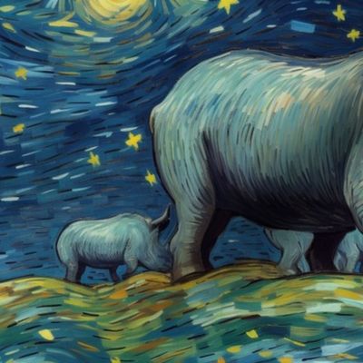 starry night rhinoceros herd inspired by vincent van gogh