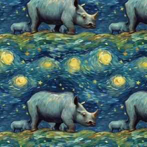 starry night rhinoceros herd inspired by vincent van gogh