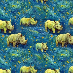 van gogh inspired rhinos on blue starry night landscape