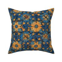 william morris inspired golden sunflower and blue mandala