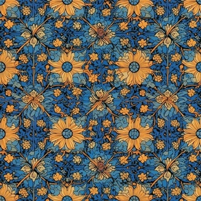 william morris inspired golden sunflower and blue mandala