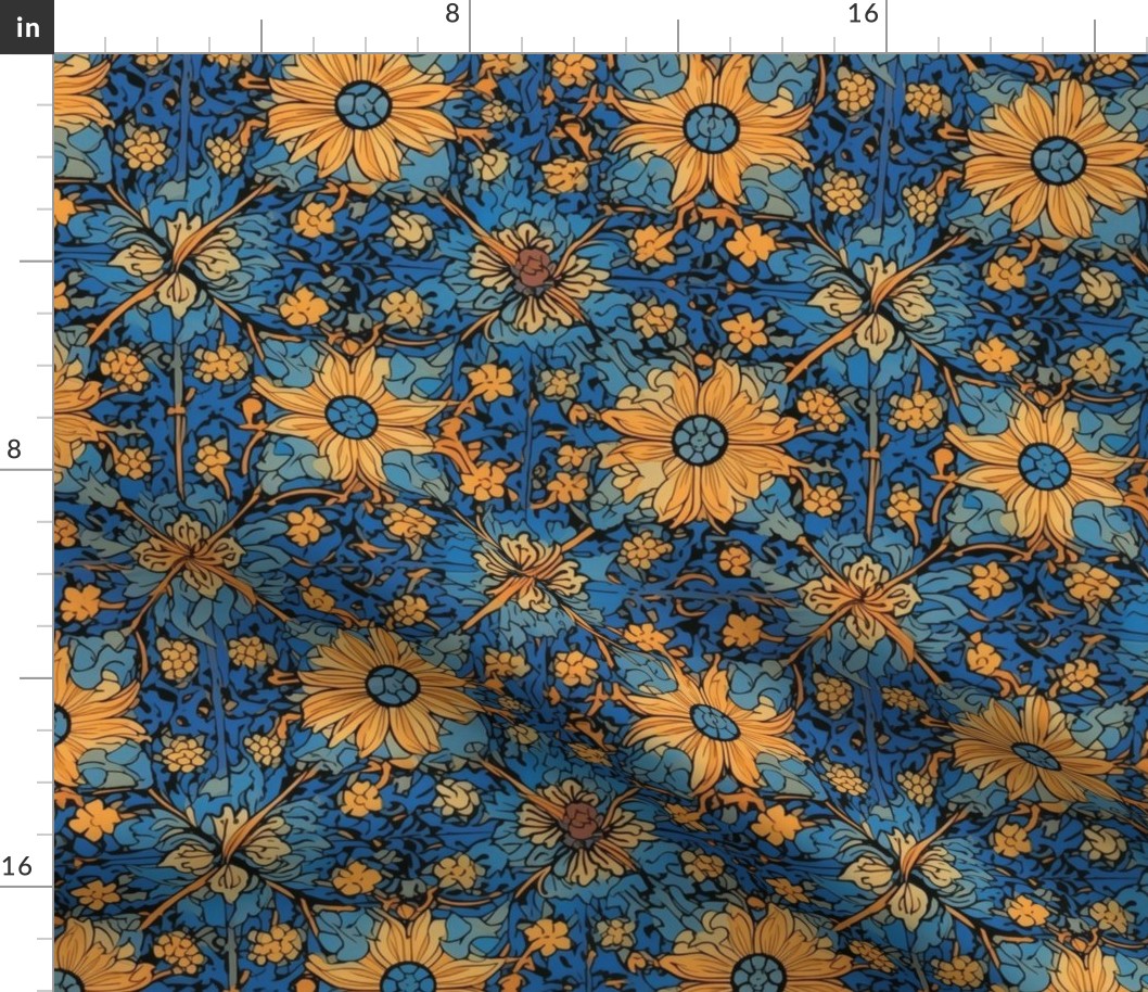 william morris inspired golden sunflower and blue mandala