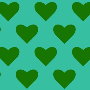 Bold-retro-green-geometric-hearts-half-drop-on-plain-turquoise-green-background-XL-jumbo