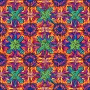 psychedelic mandala in orange red and green inspired by william morris