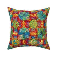 william morris inspired psychedelic stained glass floral mandalas in red and blue green