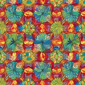 william morris inspired psychedelic stained glass floral mandalas in red and blue green
